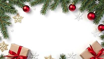 Christmas frame with pine branches , red ornaments , gifts , and snowflakes on a white background