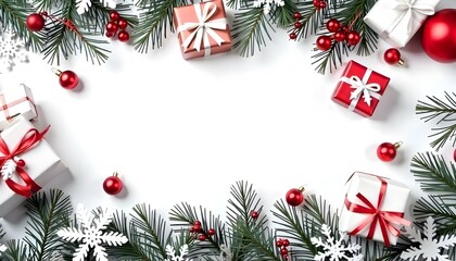 Christmas frame with pine branches , red ornaments , gifts , and snowflakes on a white background