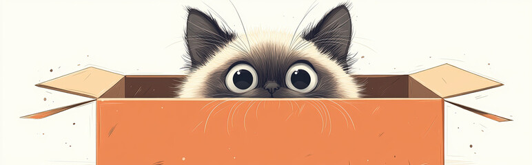 A playful illustration of a friendly Birman sitting inside a box, with large, curious eyes and exaggerated whiskers, drawn in a whimsical, child-friendly style