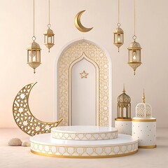 Islamic architecture, ornate arched doorway, golden crescent moon, hanging lanterns,