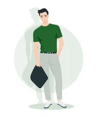 Vector illustration. A man in a green T-shirt and light gray pants. In hands, a black accessory bag. Light background with circular accents.