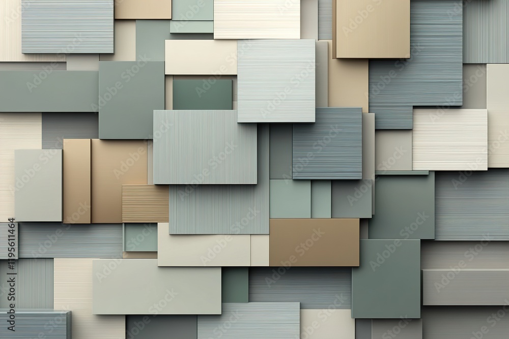 Poster the visual features stacked 3d blocks in various neutral and metallic tones, representing layers of 
