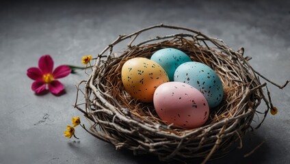 Obraz premium Nest with beautiful Easter eggs and flowers on grey background