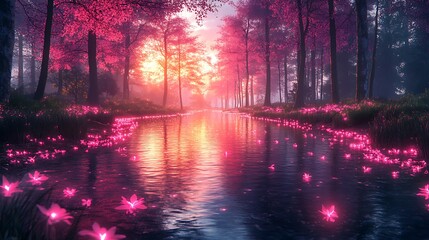 Pink Flowers Bloom Along A Tranquil Forest Stream At Sunset