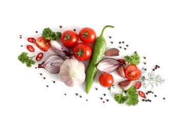 Fresh ripe harvest of vegetables lies on a white isolated background.