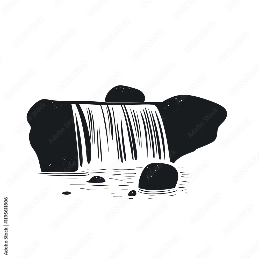 Poster a minimalist line drawing depicts a waterfall cascading over rocks into a small pool below, showcasi