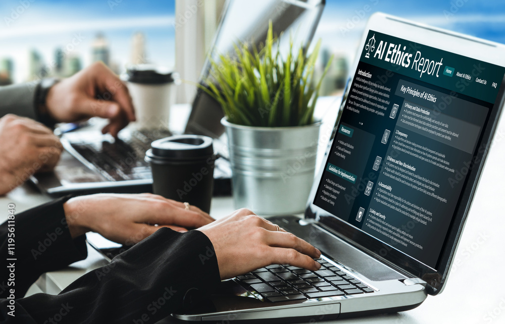 Poster ai ethics responsibility standard law and rules on computer screen provide report of ai ethic transp