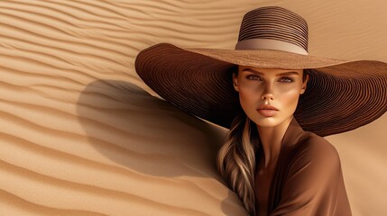 Elegant Woman in Wide-Brim Hat Relaxing on Sunlit Desert Sand Dunes