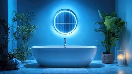 Modern Spa-Inspired Bathroom with Blue Lighting and Indoor Plants for Relaxation