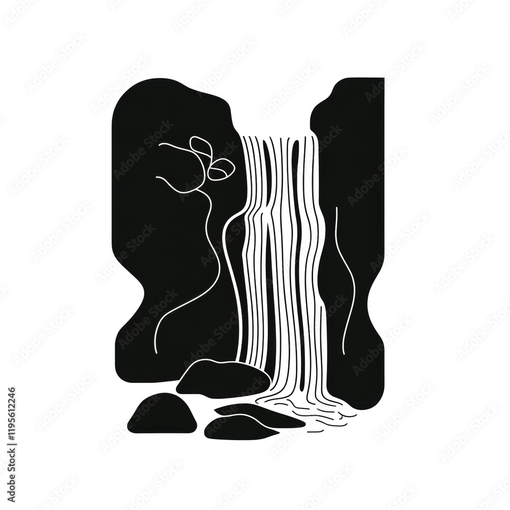 Poster a stylized line drawing depicts a waterfall cascading over rocks into a pool below a minimalist abst