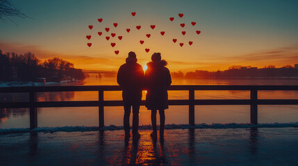 Fototapeta premium Romantic Couple Silhouetted Against a Sunset Over a Frozen River with Hearts