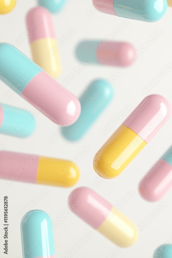 Poster floating capsules and cylindrical shapes create a playful 3d abstract background in soft pastel colo