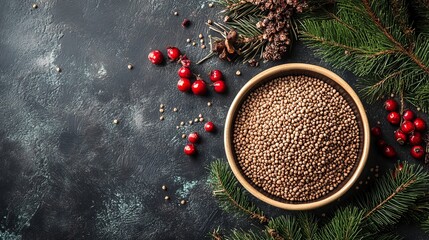 Fototapeta premium A bowl of raw buckwheat placed on a bed of scattered grains