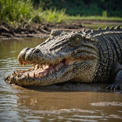Obraz premium crocodile in the water. A crocodile resting on a riverbank with sparkling water behind. Crocodile group on the farm. 