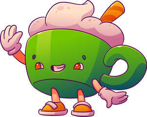 Cartoon groovy valentine day green coffee cup character with whipped cream and a straw, featuring a joyful expression. Vector charming retro personage, cozy, fun and playful mug with hot beverage
