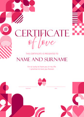 Valentines Day certificate of true love with pink geometric shapes and hearts frame corners. Valentine Day holiday certificate vector template, wedding marriage anniversary gift or appreciation award