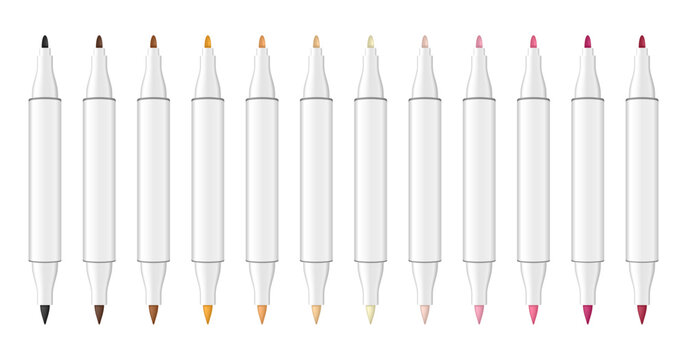 Set of multicolored dual tip markers. Pastel palette. Coloring or sketching supplies. Water-based or alcohol marker pen. Brush tip