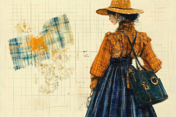 Vintage-Inspired Fashion Illustration: Woman in Plaid Dress and Hat with Bag