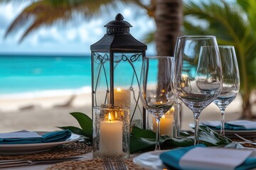 Beachfront Dining: Elegant Table Setting with Lantern and Ocean View