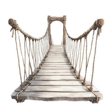 Fototapeta A rustic wooden rope bridge stretches across a void, inviting exploration and hinting at an unknown destination.