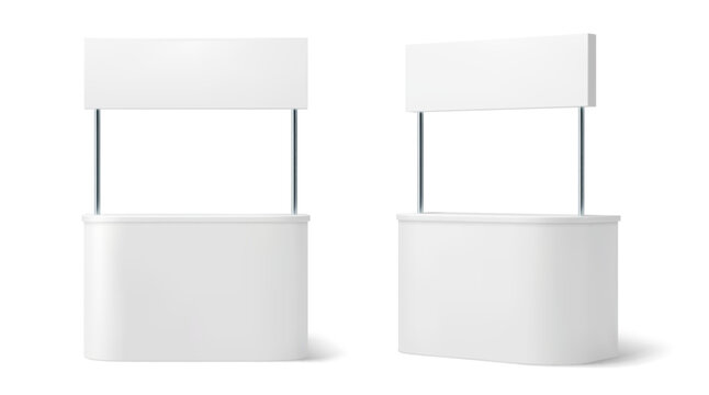 Advertising booth stand mockup for showcasing promotional material in commercial events or exhibitions. Realistic 3d vector cabins, angle and front view, blank surfaces ready for branding or marketing