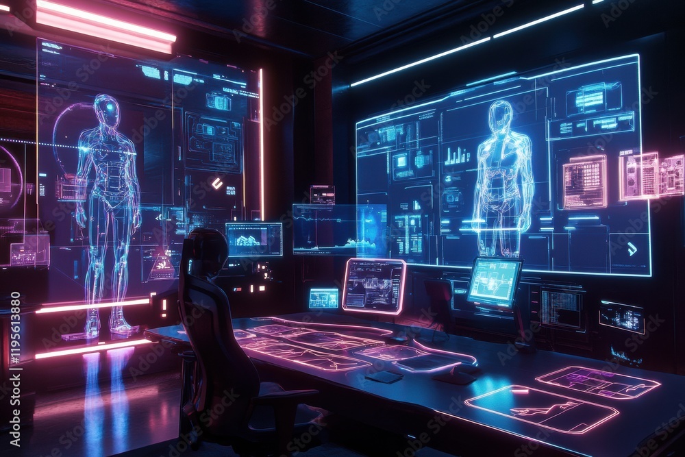 Aufkleber Workspace featuring digital avatars in a high tech environment with glowing screens and interactive displays. Generative AI