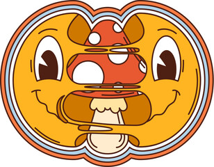 Cartoon groovy retro yellow smile face character tearing apart with an amanita mushroom inside. Isolated vector cheerful emoji with a fly agaric fungus evokes trip and hippie psychedelic y2k vibe