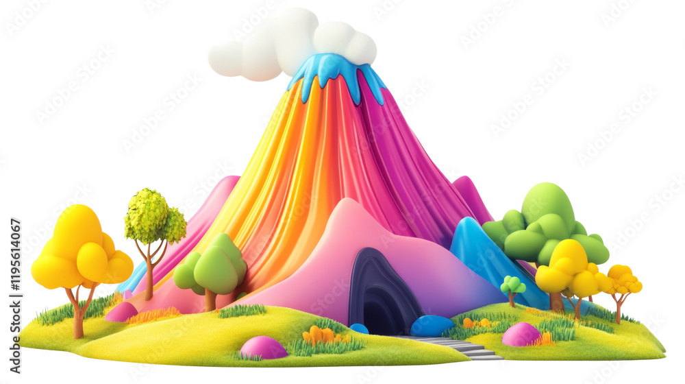 Poster a vibrant 3d rendering depicts a rainbow-colored volcano in a whimsical landscape with cartoon trees