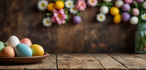 Wooden table with easter or spring theme blurred background , eggs and colorful flowers with copy space