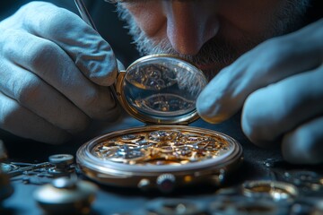 "Master Watchmaker meticulously repairing intricate vintage pocket watch with precision and craftsmanship, skilled artisan at work"