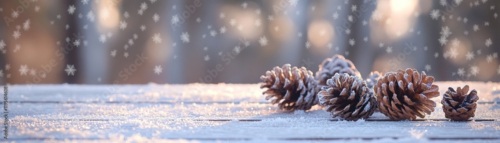 Poster rustic winter setting features a snow-covered wooden surface adorned with scattered pinecones. soft 