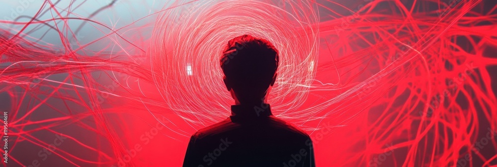 Poster person immersed in swirling lines and abstract shapes in a vibrant, surreal environment during a cre