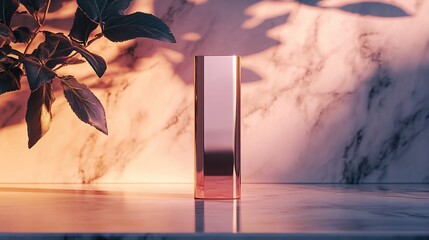 Golden Cylinder on Marble Surface with Plants, Soft Lighting