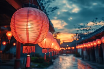 "Enchanting Display of Softly Glowing Red Paper Lanterns Creates a Warm and Festive Atmosphere in the Night"