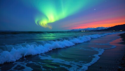 Naklejka premium Aurora Waves on Icy Shoreline