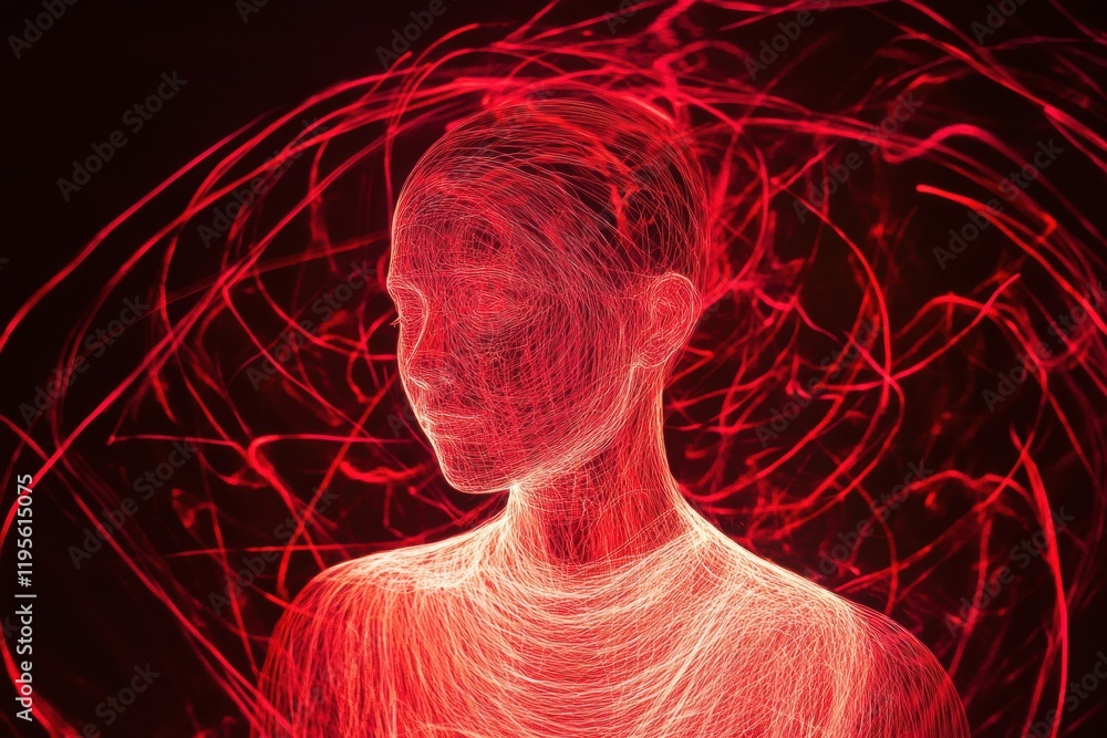 Leinwandbilder Person enveloped by swirling lines and abstract shapes creates mesmerizing visual experience at night. Generative AI