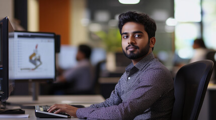 Young professional Indian engineer sitting in modern office. Focused on computer screen, which displays 3D modeling software, construction projects. Office environment, other colleagues working at the