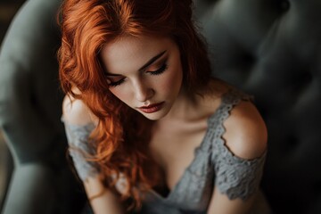 Naklejka premium Redhead model posing on a vintage sofa with eyes closed