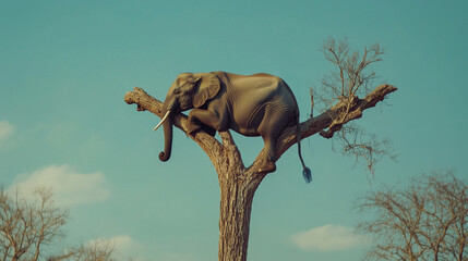 Fototapeta premium Lonely Elephant on Tree Surreal Wildlife Photography Unique Artistic Nature Fantasy Art