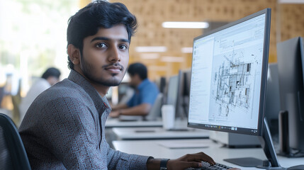 Young professional Indian engineer sitting in modern office. Focused on computer screen, which displays 3D modeling software, construction projects. Office environment, other colleagues working at the