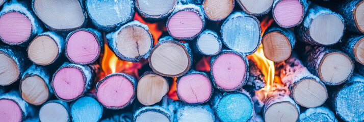 Close-up of colorful firewood logs with snow, glowing embers visible in the background.  Winter scene, warmth, cozy feeling.