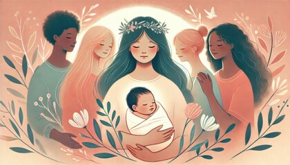 newborn baby with mother and family in maternity hospital illustration