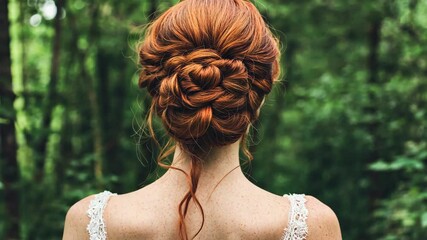 Bridal hairstyle featuring intricate updo in a lush forest setting during a summer afternoon
