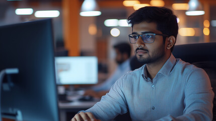 Young professional Indian engineer sitting in modern office. Focused on computer screen, which displays 3D modeling software, construction projects. Office environment, other colleagues working at the