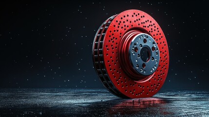 Red perforated brake rotor disc on dark background.