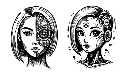 artificial intelligence ai cyborg woman portraits showing mechanical details in black hand-drawn style