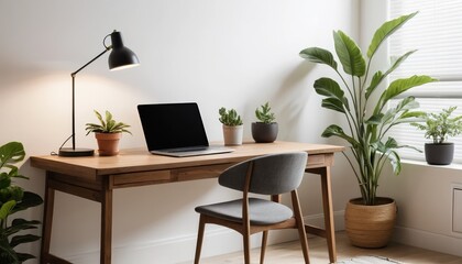 Minimalist Home Office Setup with Wooden Desk and Laptop, generative ai