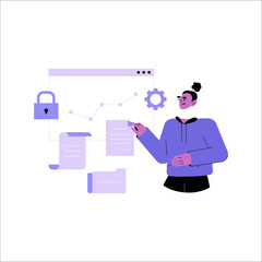 Female Analyst With Charts And Documents In Flat Vector Illustration Symbolizing Data Security, Analysis, And Strategy, Isolated On White Background