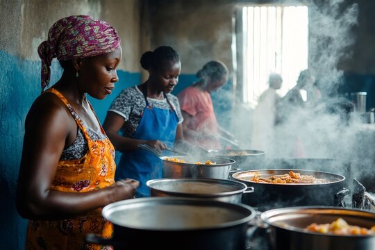 Women cooking traditional African dishes in large steaming pots within a vibrant communal kitchen, showcasing rich cultural cuisine and teamwork