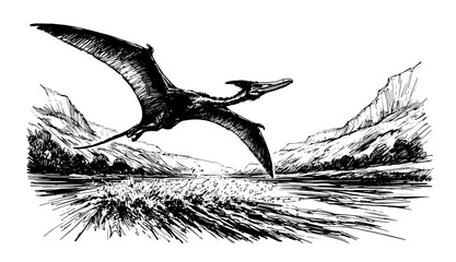 pterodactyl flying over prehistoric landscape in black hand-drawn style © Kaz